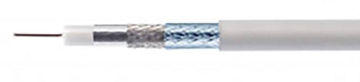 Ein Koaxialkabel, bestehend aus einem Kupferdraht im Zentrum, umgeben von Isolierung, metallischem Geflecht und äußerem Mantel.