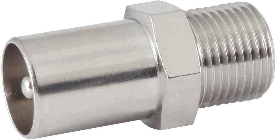 Ein metallener Koaxialadapter mit einer Buchsen- und einer Steckerseite, zur Verbindung von koaxialen Kabeln in technischen Anwendungen.