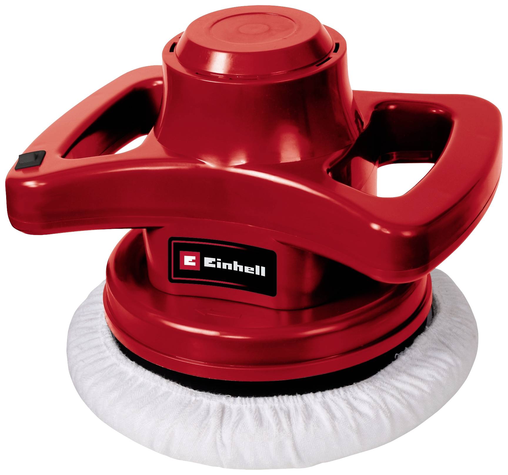 Eine rote Einhell Poliermaschine mit zwei griffbereiten Griffen und einem weißen Polierpad an der Unterseite.