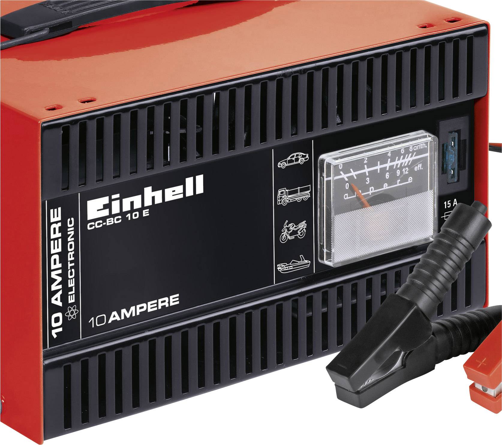 Rotes Batterieladegerät mit schwarzer Vorderseite und Anzeige für Ladezustand. Eignet sich für Auto- und Motorradbatterien.