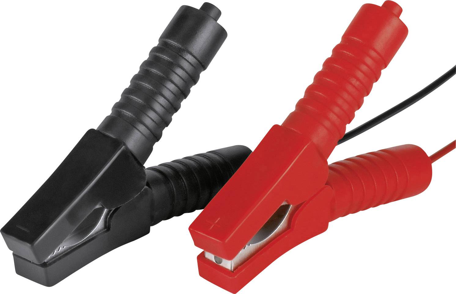 Zwei überkreuzte Starthilfeklemmen, eine schwarz, eine rot, zum Verbinden von Autobatterien.