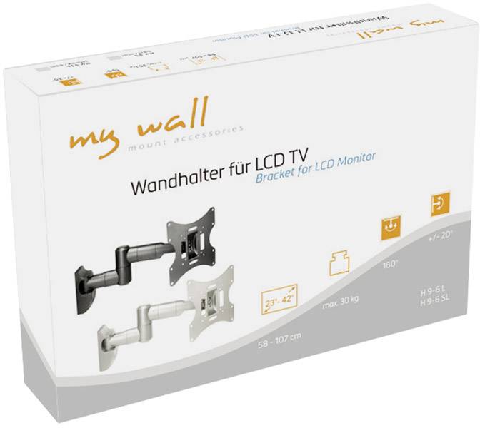 Verpackung für 'my wall' Wandhalter für LCD-TV. Zeigt Halterung mit drehbarem Arm, passend für 23