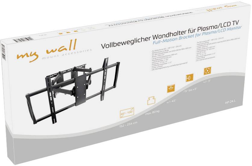 Vollbeweglicher Wandhalter für Plasma/LCD TV, geeignet für 32'-70'' Fernseher. Enthält Symbole für Montageoptionen und Gewichtslimit.