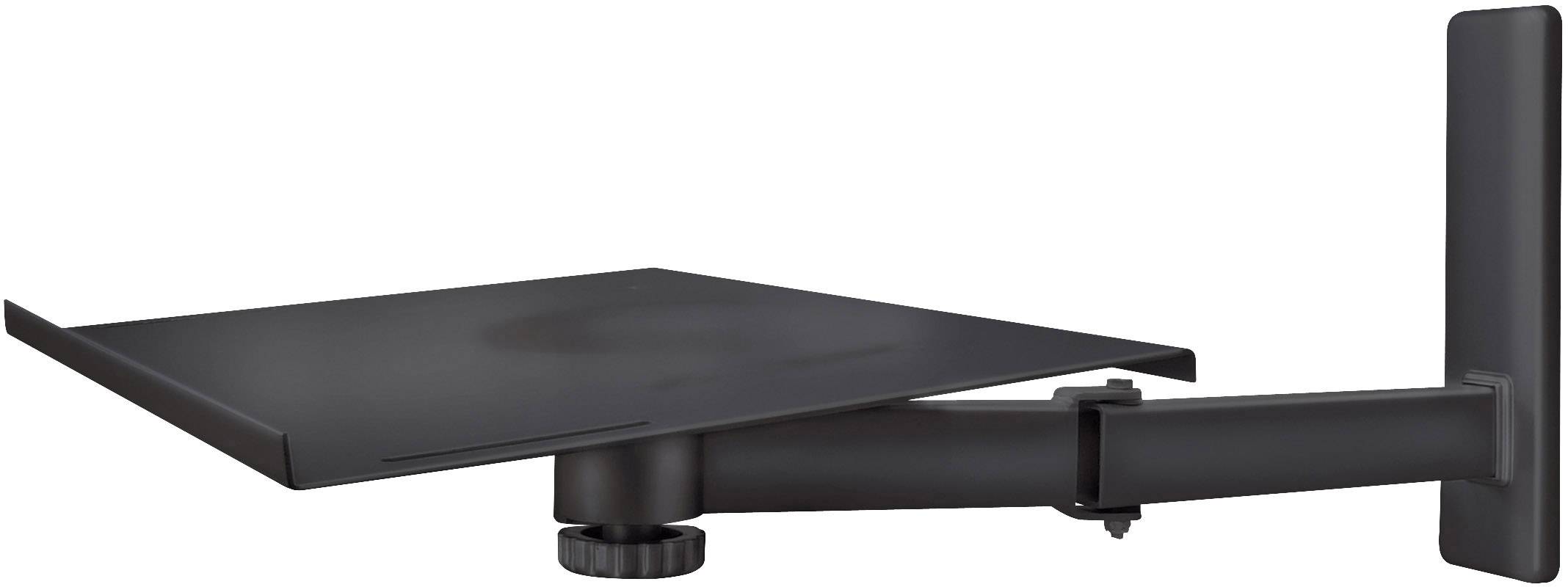 Schwarzes, verstellbares Wandregal mit Armhalterung, geeignet für elektronische Geräte wie Lautsprecher oder DVD-Player.