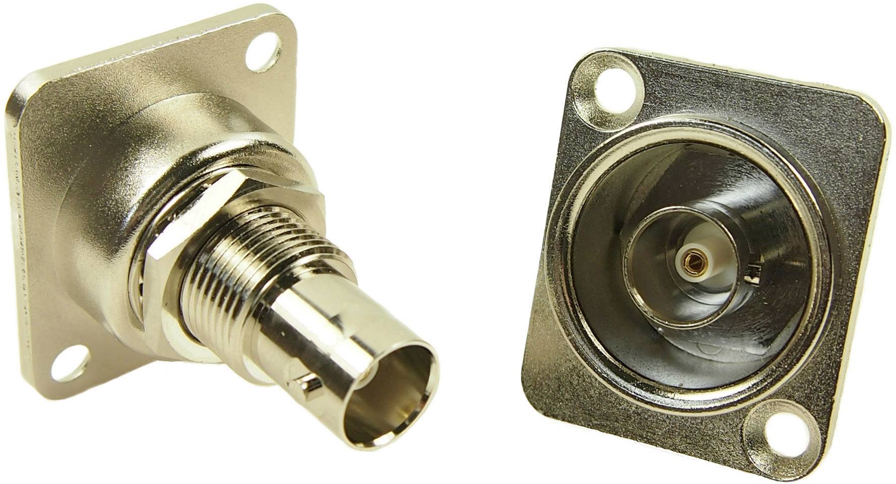 Zwei koaxiale Steckverbinder: links eine Buchse, rechts ein Stecker; beide mit Metallgehäuse und Vierloch-Flansch zur Befestigung.