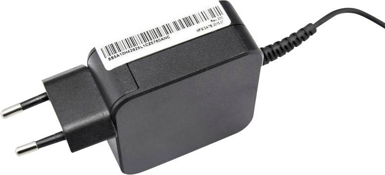 Ein schwarzes Netzteil mit einem Eurostecker, geeignet zum Aufladen von elektronischen Geräten, mit einem Kabel auf der rechten Seite.