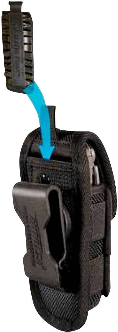 Ein schwarzes Etui mit Clip-Öffnung und einem blauen Kabel, das oben herausragt. Das Etui ist für Werkzeug oder Geräte geeignet.