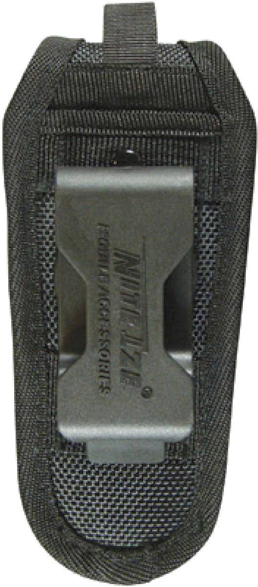 Schwarzes Holster mit Clip aus Kunststoff, geeignet für kleine Werkzeuge oder Zubehör. Langlebiges, strukturiertes Material.