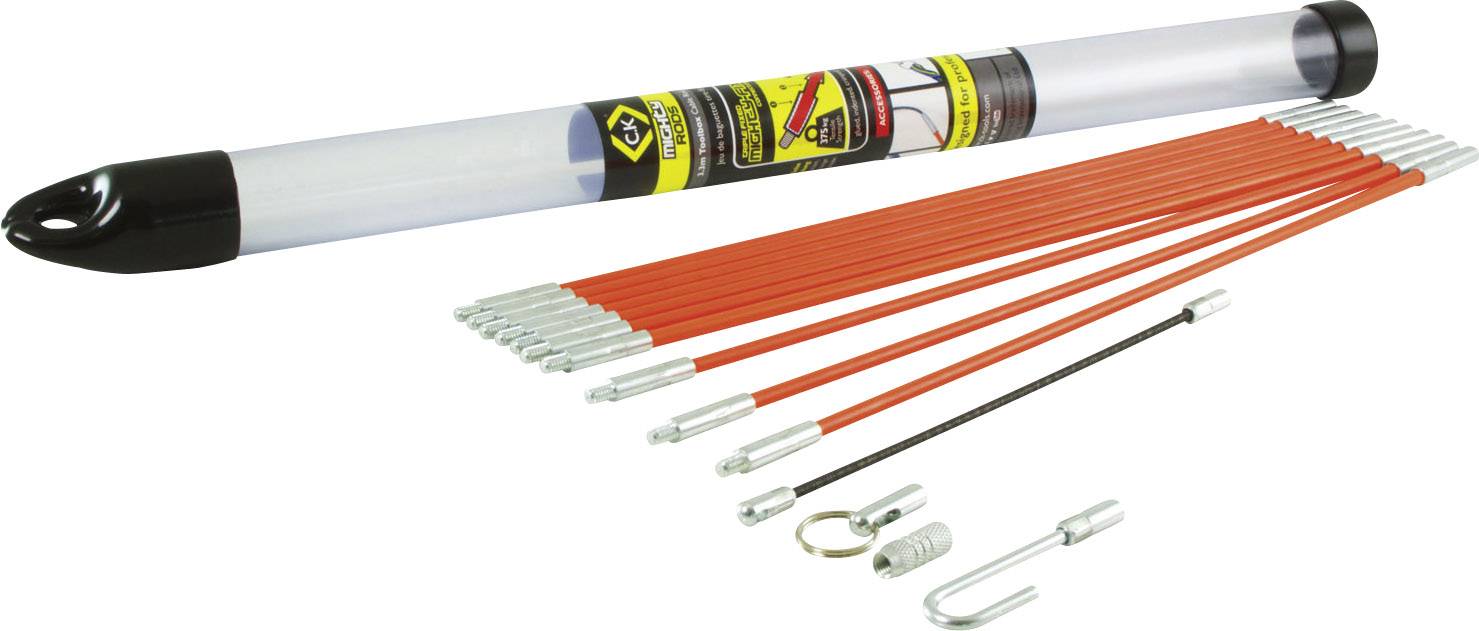 Ein Set aus orangefarbenen Zugstangen im Kunststoffrohr zur Kabelinstallation, einschließlich Zubehör wie Haken und Ring.