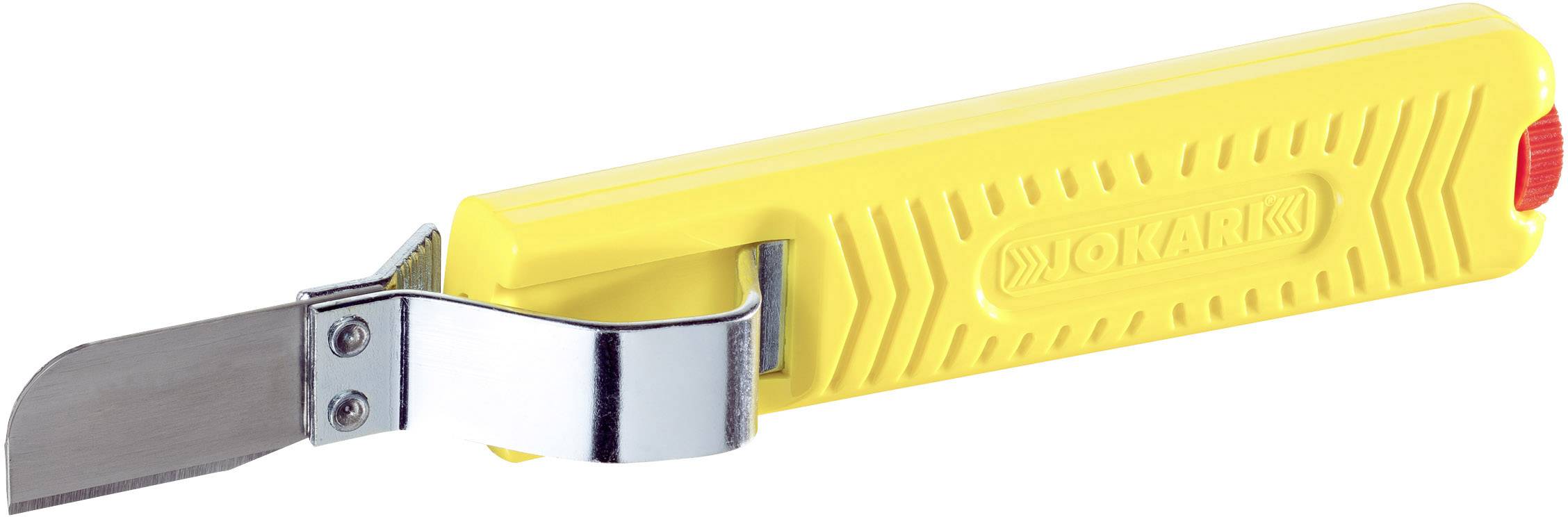 Ein gelbes Sicherheitsmesser mit Metallklinge und rotem Knopfdruckmechanismus, verwendet zum Schneiden von Verpackungsmaterialien.