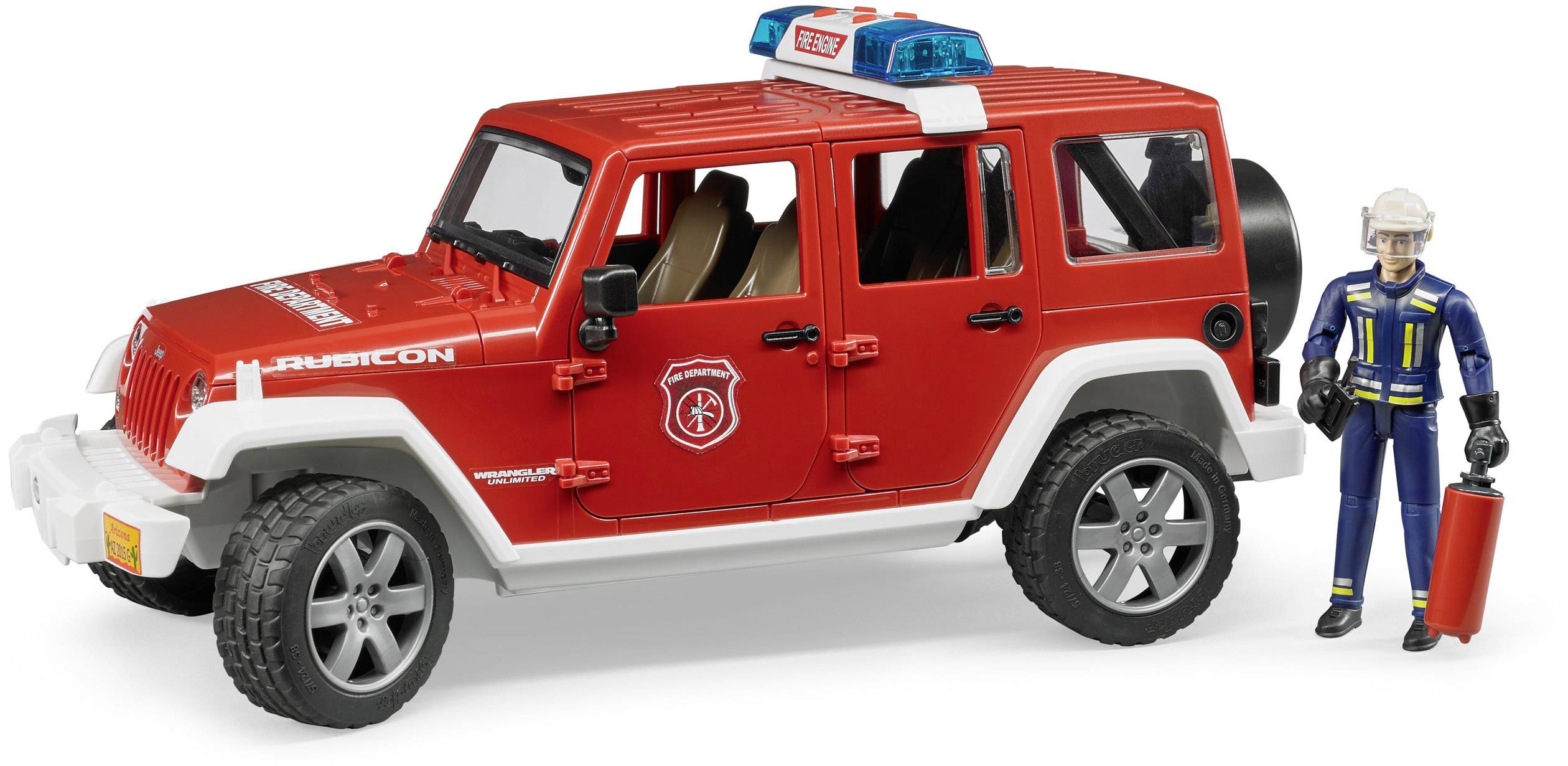 Rotes Spielzeug-Feuerwehrfahrzeug mit offener Tür, daneben steht eine Feuerwehrmann-Figur in blauer Uniform mit einem Feuerlöscher.