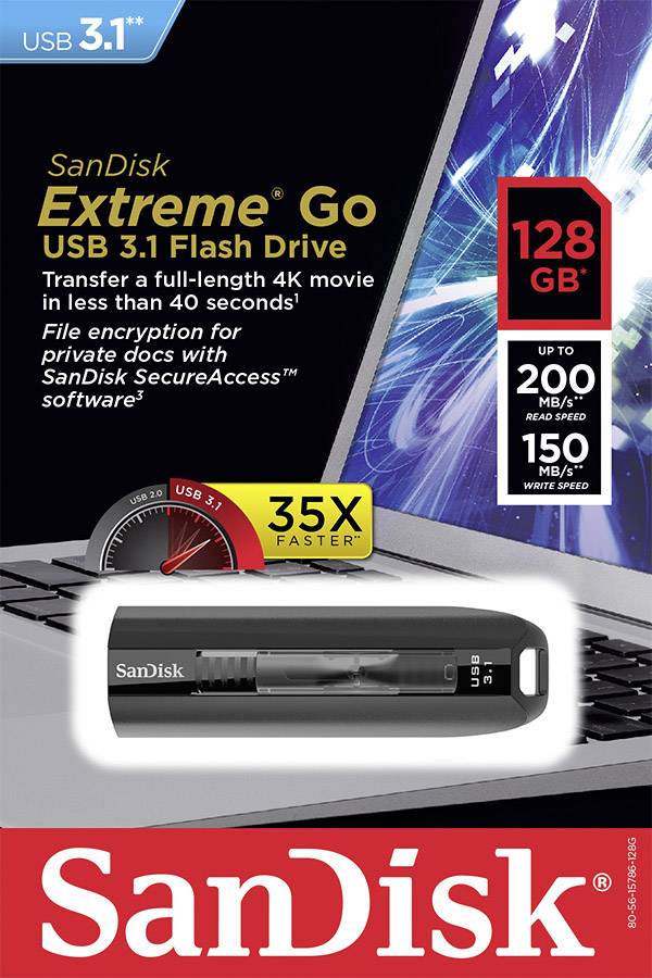 SanDisk Cruzer Extreme Go USB-Stick 128GB Schwarz SDCZ800-128G-G46 USB 3.2 Gen 2 (USB 3.1)