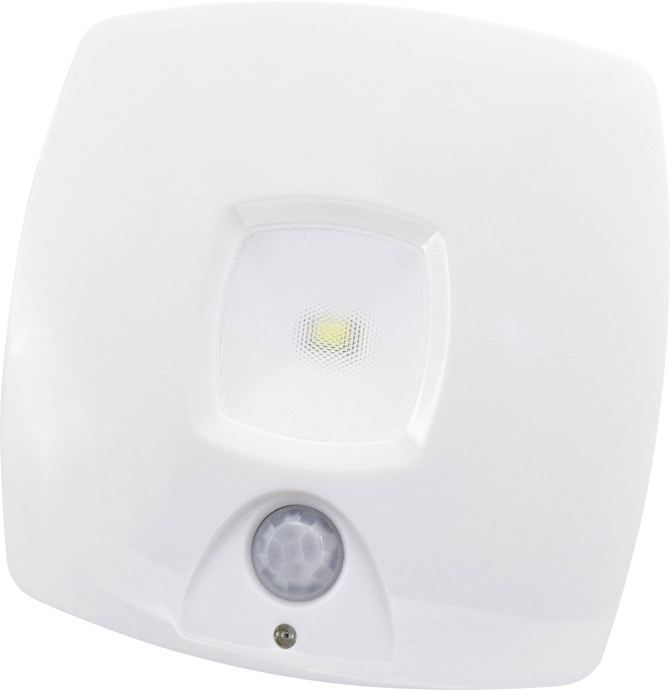 Ein quadratischer weißer Bewegungsmelder mit zentral platziertem Sensor und unten eingebautem Bewegungssensor.