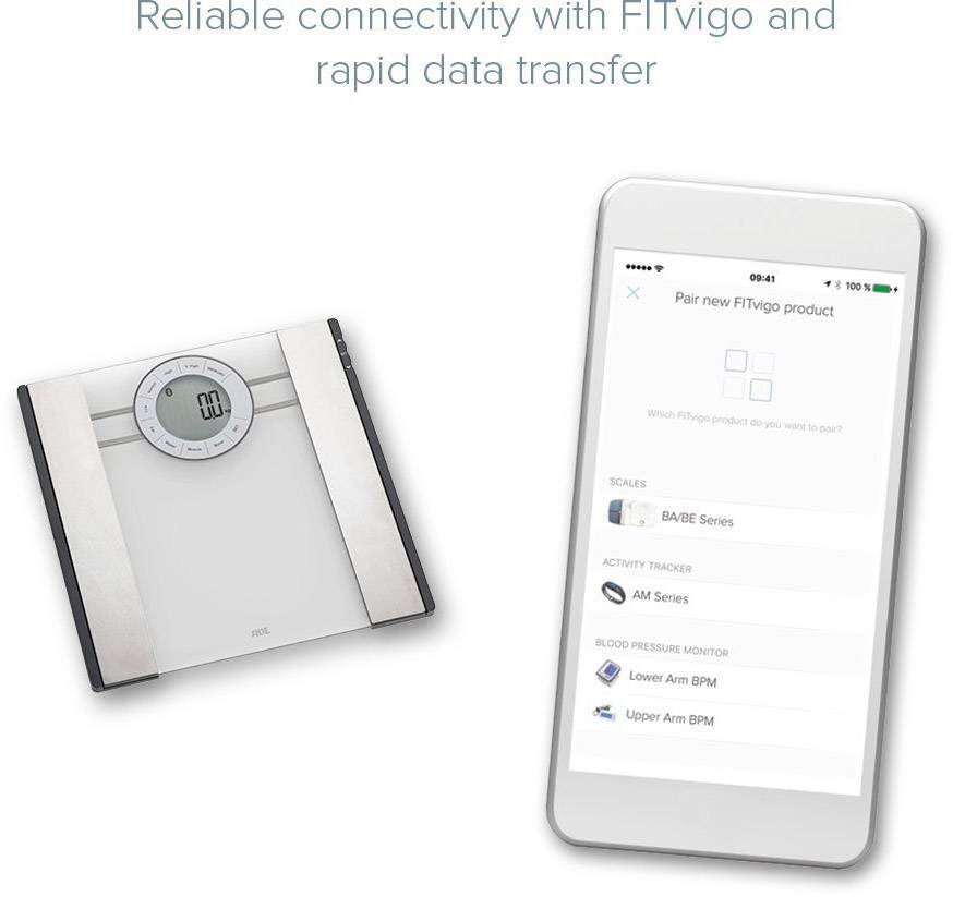 ADE BA 1601 FITvigo Körperanalysewaage Wägebereich (max.)=180 kg Silber-Schwarz Mit Bluetooth