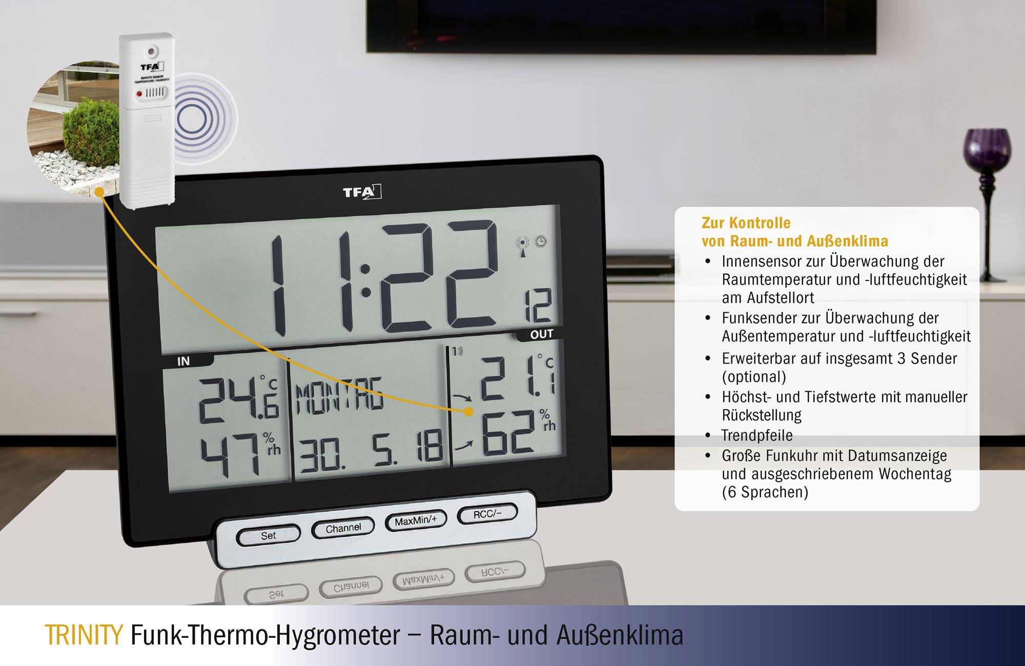 TFA Dostmann Trinity Funk-Thermo-/Hygrometer Schwarz 30.3058.01