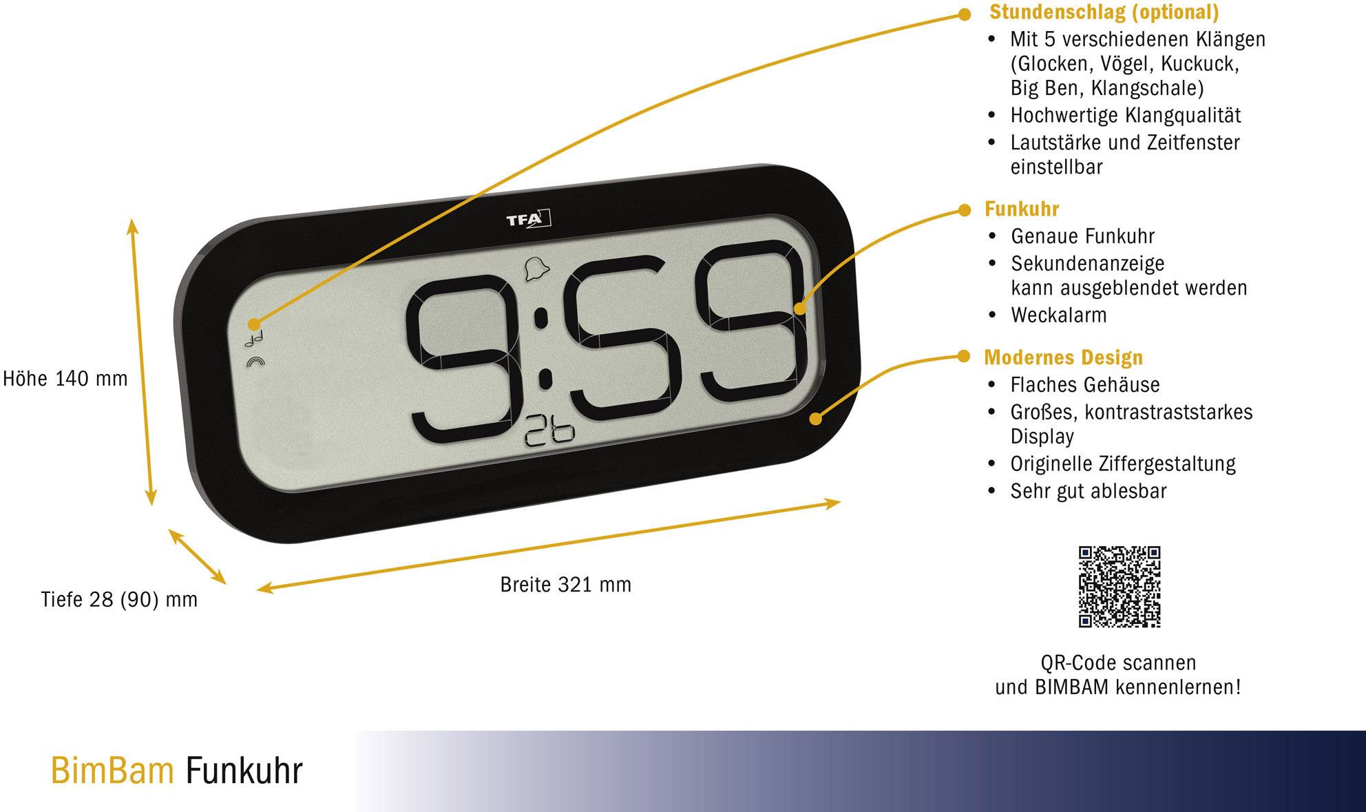 Digitale Funkuhr mit großem Display zeigt '9:59'. Funktionen: genaue Funkuhr, Weckalarm. Moderne Gestaltung, robuste Materialien.