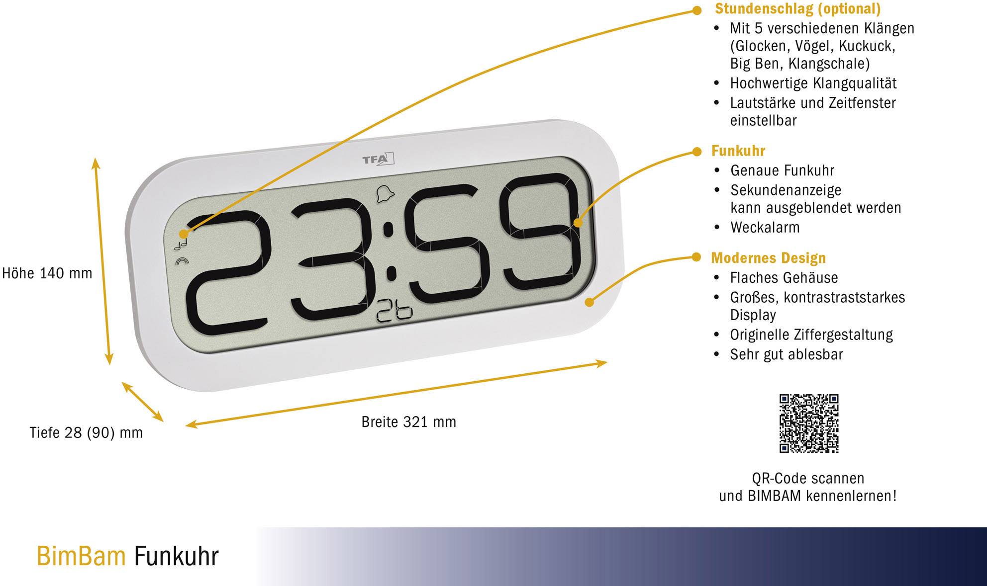 Digitaluhr mit großem Display zeigt 23:59. Funktionen: genaue Funkuhr, verschiedene Wecktöne, einfache Einstellung. Modernes Design.