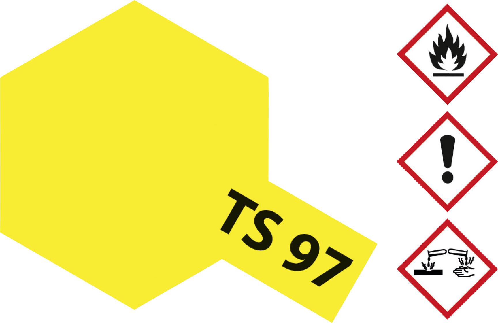Gelbes Etikett mit der Aufschrift 'TS 97'. Rechts daneben sind drei Gefahrensymbole: Flamme, Ausrufezeichen, Verätzung.