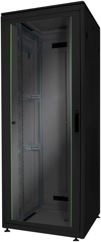 Schwarzer Server-Rack-Schrank, leer und offen, ohne sichtbare Hardware. Geeignet für die Installation von Netzwerkgeräten oder Servern.