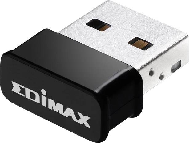 Ein kompakter USB-WLAN-Adapter mit schwarzem Kunststoffgehäuse und 'EDIMAX'-Logo; dient zur drahtlosen Netzwerkverbindung.