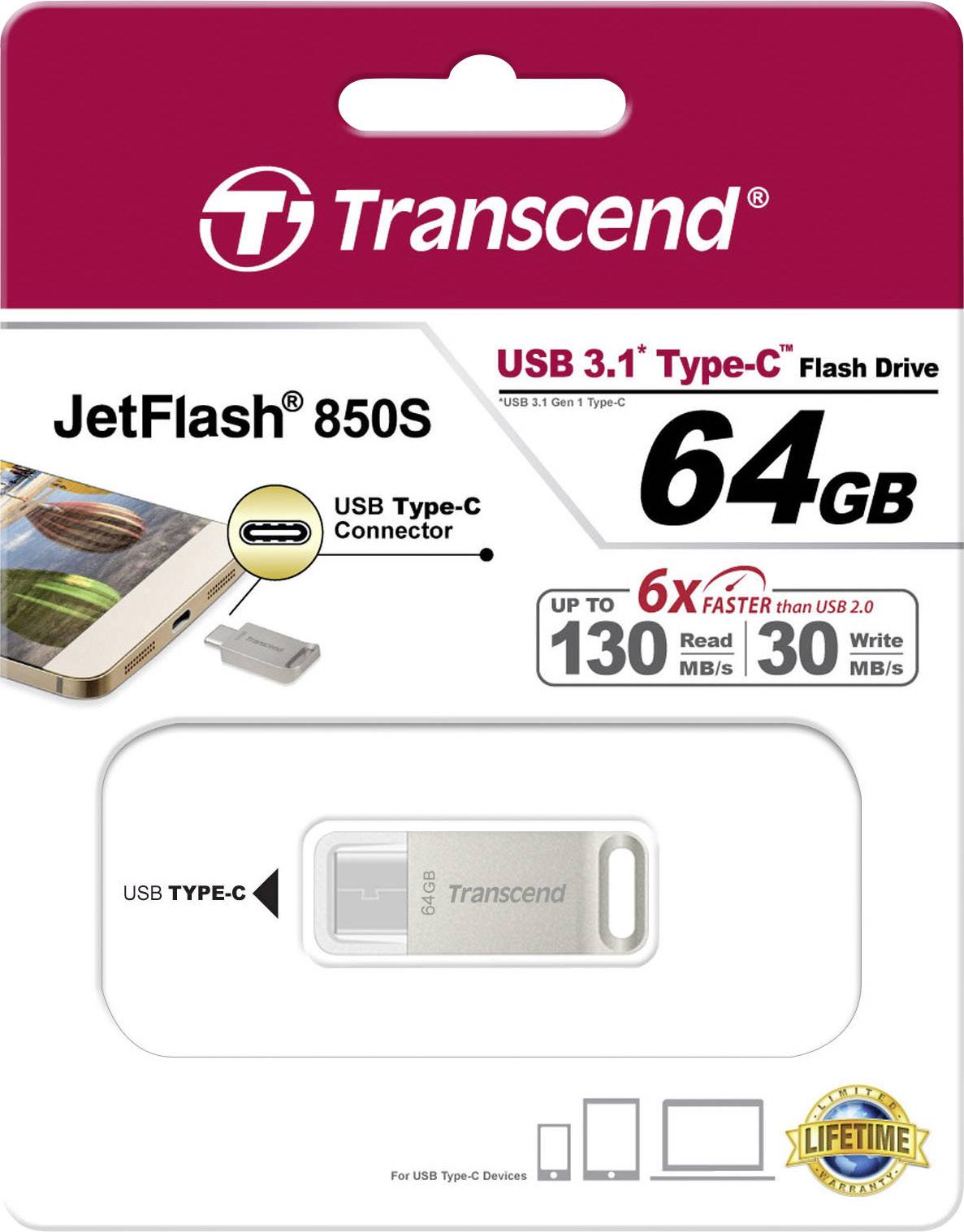Transcend JetFlash® 850 USB-Stick Silber 64GB USB 3.2 Gen 2 (USB 3.1), USB-C™