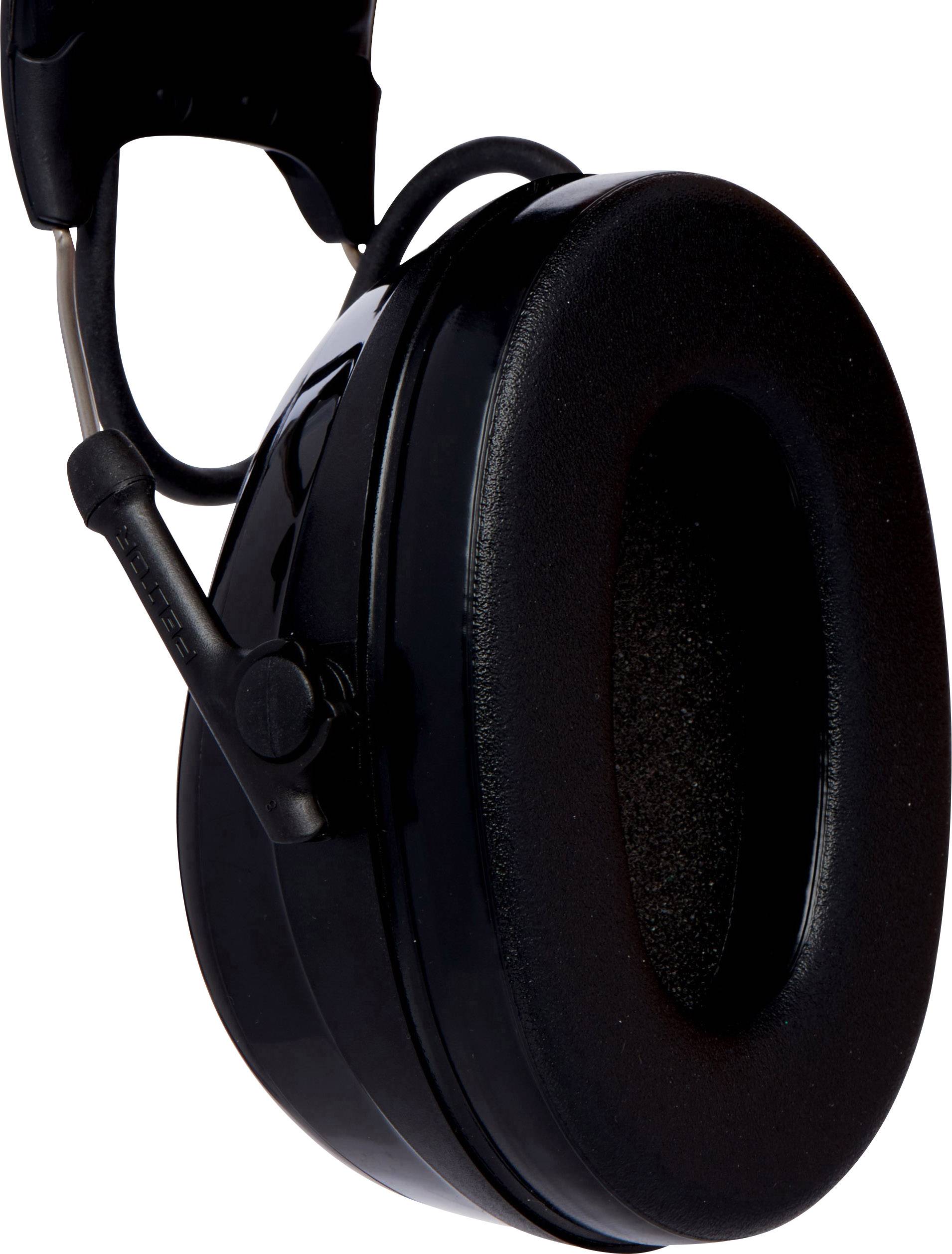 Ein schwarzer, gepolsterter Gehörschutz, isoliert auf weißem Hintergrund.