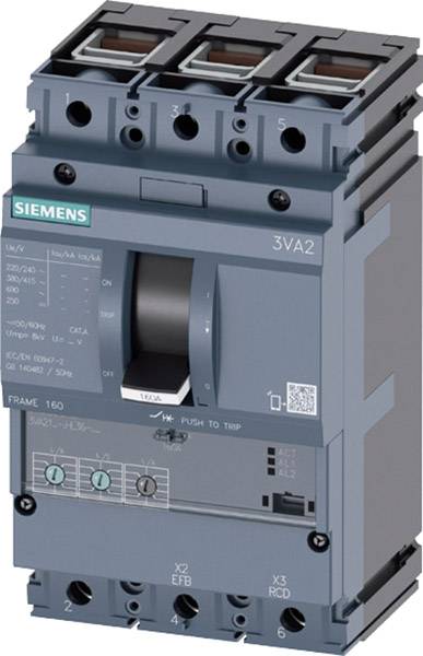 Ein elektrischer Leistungsschalter von Siemens, Modell 3VA2, zeigt Schalterstellungen und technische Details.