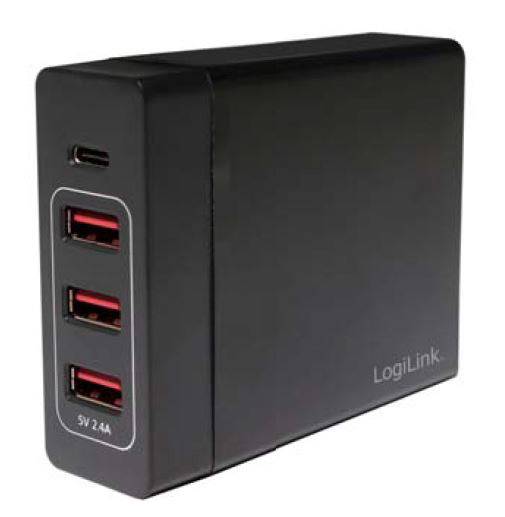 'Schwarzes LogiLink USB-Ladegerät mit vier Anschlüssen, darunter ein USB-C-Anschluss. Seitlich ist das Logo 