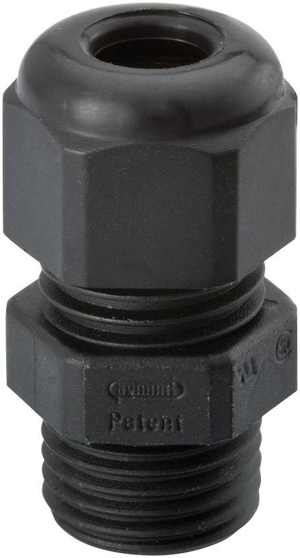 'Kabelverschraubung aus schwarzem Kunststoff mit gerippter Nut und Gewinde. Markierungen beinhalten die Wörter 