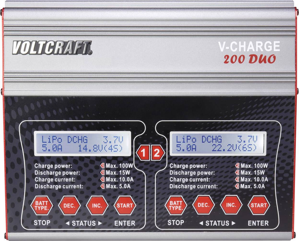 VOLTCRAFT V-Charge 200 Duo Modellbau-Multifunktionsladegerät 12 V, 230V 10A Blei, NiMH, NiCd, LiPo, LiIon, LiHV, Blei-Calcium