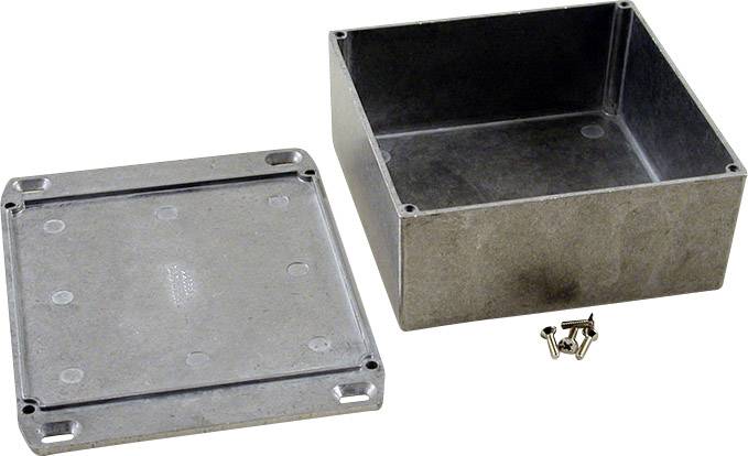 Metallgehäuse mit abgenommener Abdeckung und vier Schrauben, geeignet zur Aufbewahrung von elektrischen Bauteilen.