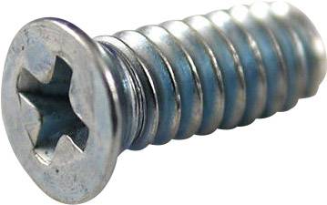 Eine silberne Kreuzschlitzschraube aus Metall mit flachem Kopf und Gewinde.