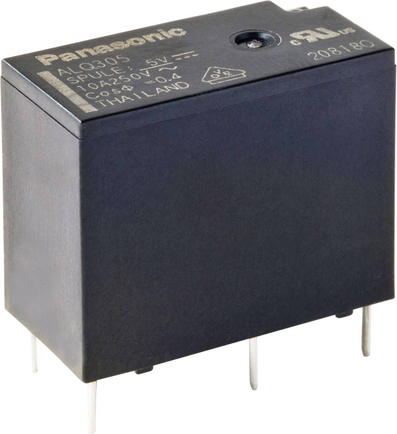 Ein schwarzes Panasonic-Relais mit der Bezeichnung 'ALQ305'. Es hat vier Anschlussstifte und ist für 5V Spulenspannung ausgelegt.
