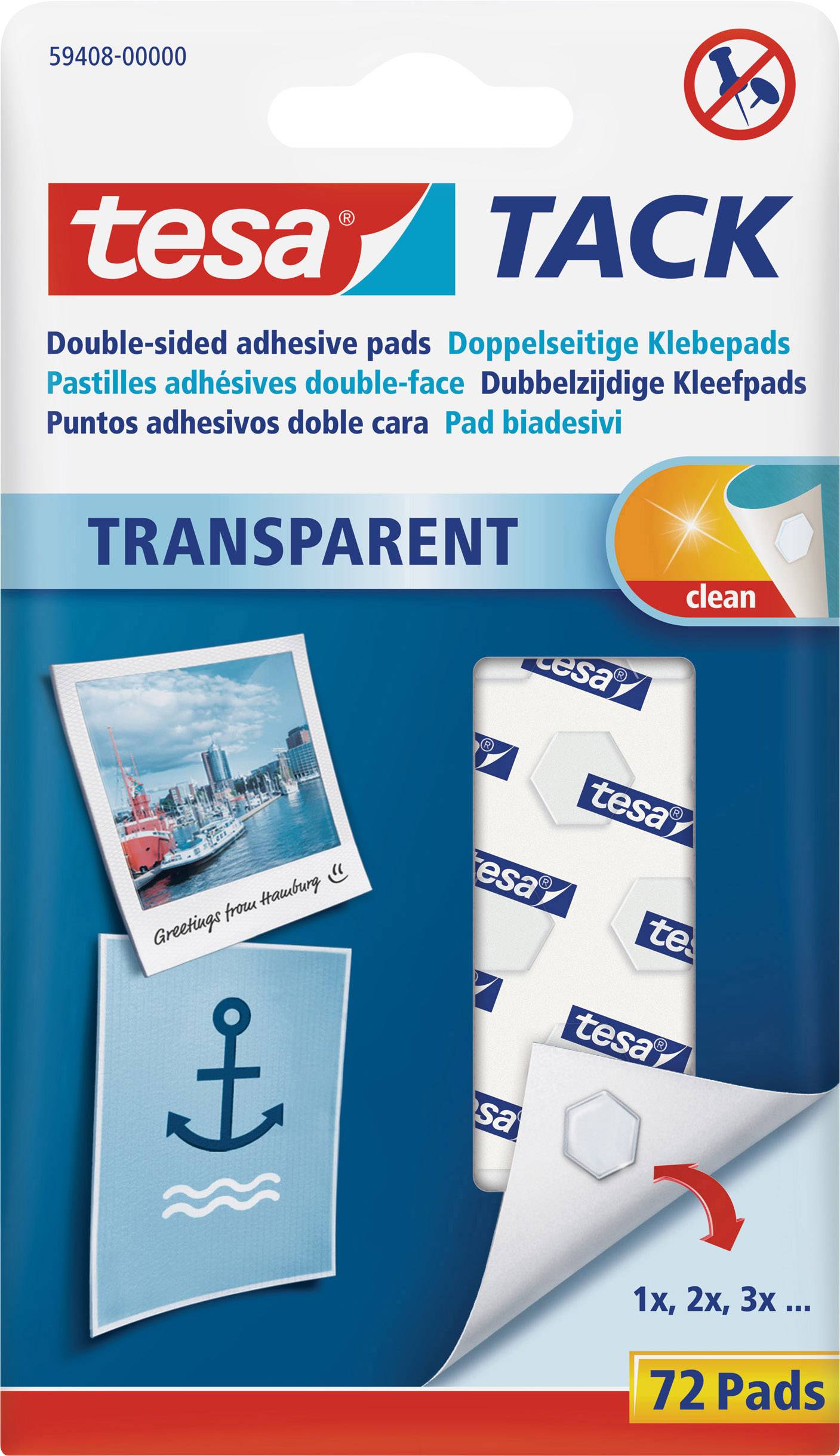Verpackung von Tesa Tack mit 72 durchsichtigen, doppelseitigen Klebepads. Enthält Bilder von einem Boot und einem Anker als Anwendungsideen.