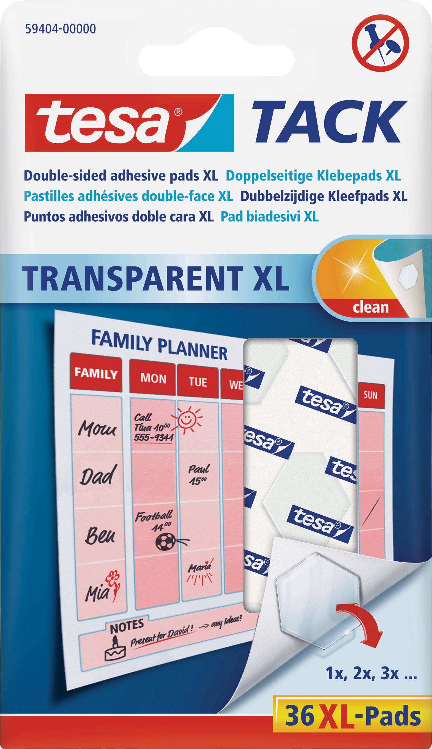 Verpackung von Tesa Tack doppelseitigen Klebepads XL; transparent, 36 Stück. Enthält doppelseitige Klebepunkte für leichte Befestigung.