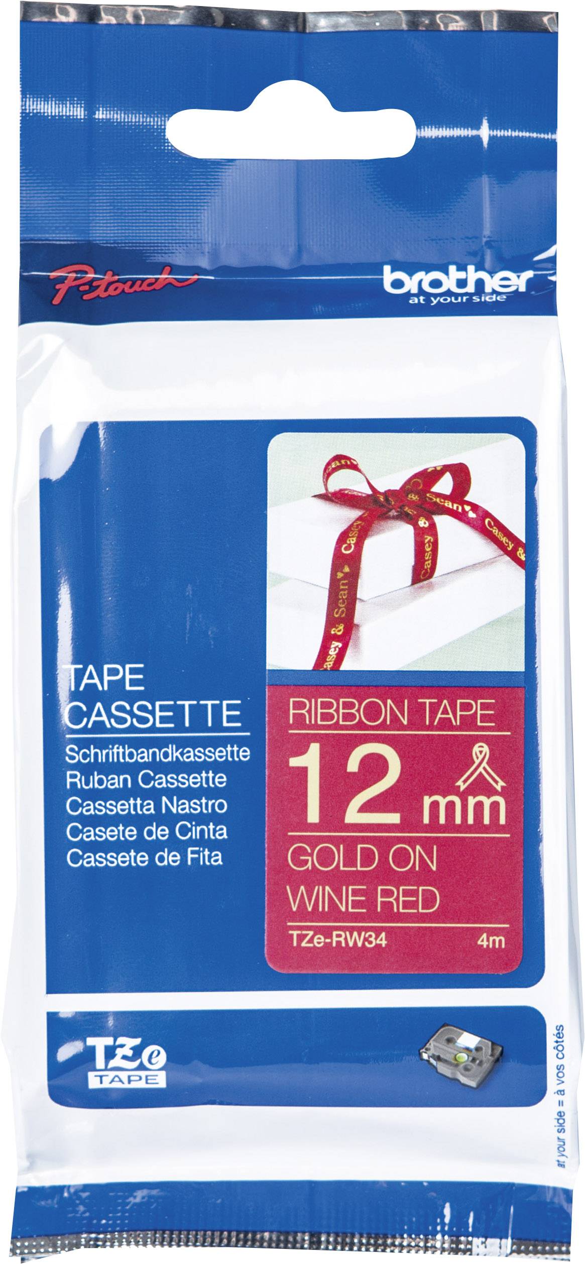 Verpackung einer Brother Beschriftungskassette: 'Ribbon Tape', 12 mm, Gold auf Weinrot, 4 m. Ideal zum Dekorieren oder Verpacken.