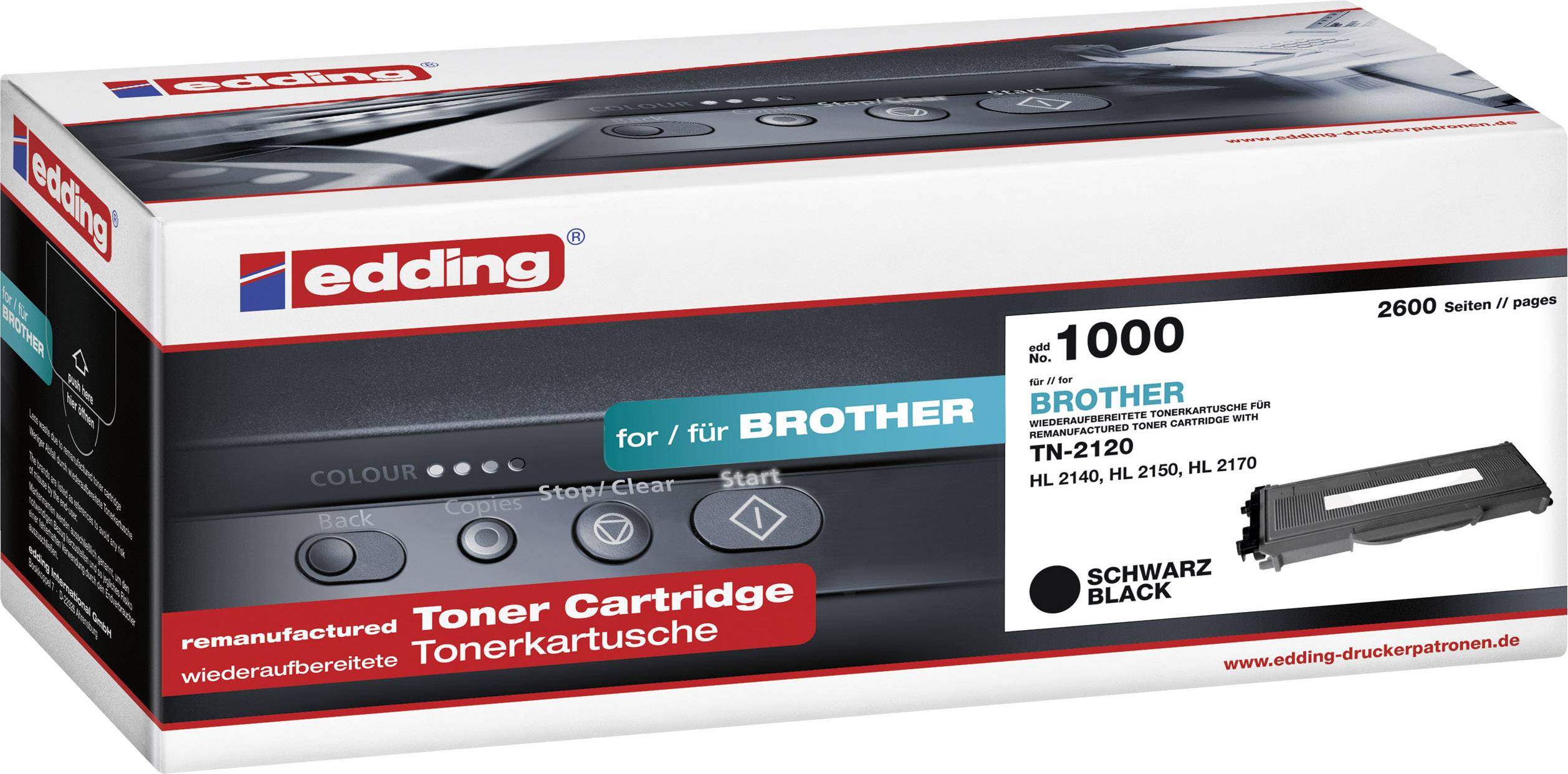 Edding-Tonerkartusche für Brother-Drucker, TN-2120, schwarz, 2600 Seiten, abgebildet mit Verpackung und Produktbild.