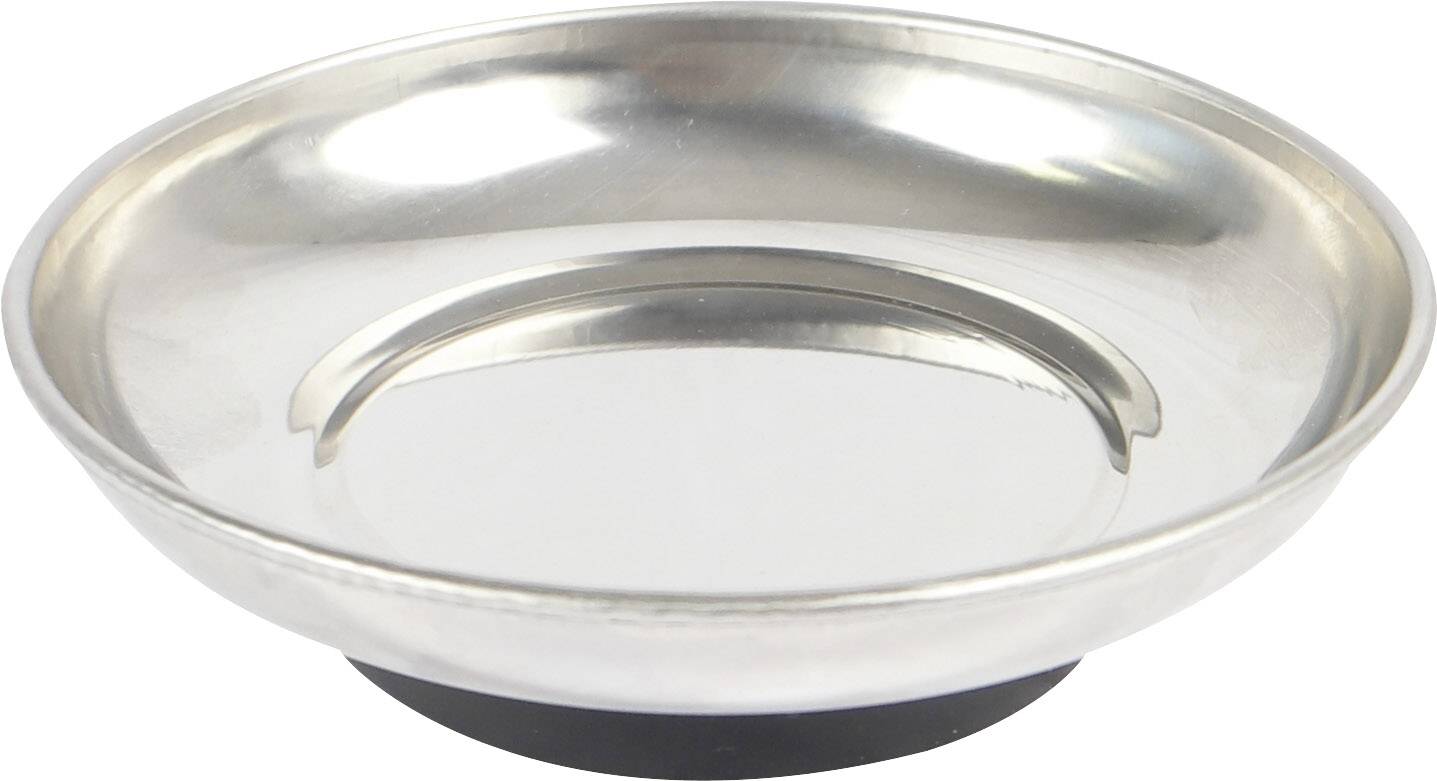 Metallschale mit randlosem Design, glänzendem Finish und flachem Boden.