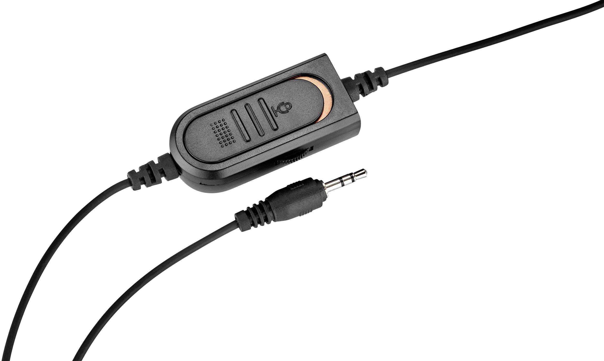 Ein schwarzes Audiokabel mit einem integrierten Bedienelement. An einem Ende befindet sich ein Stecker, am anderen ein Schalter mit Mikrofon.