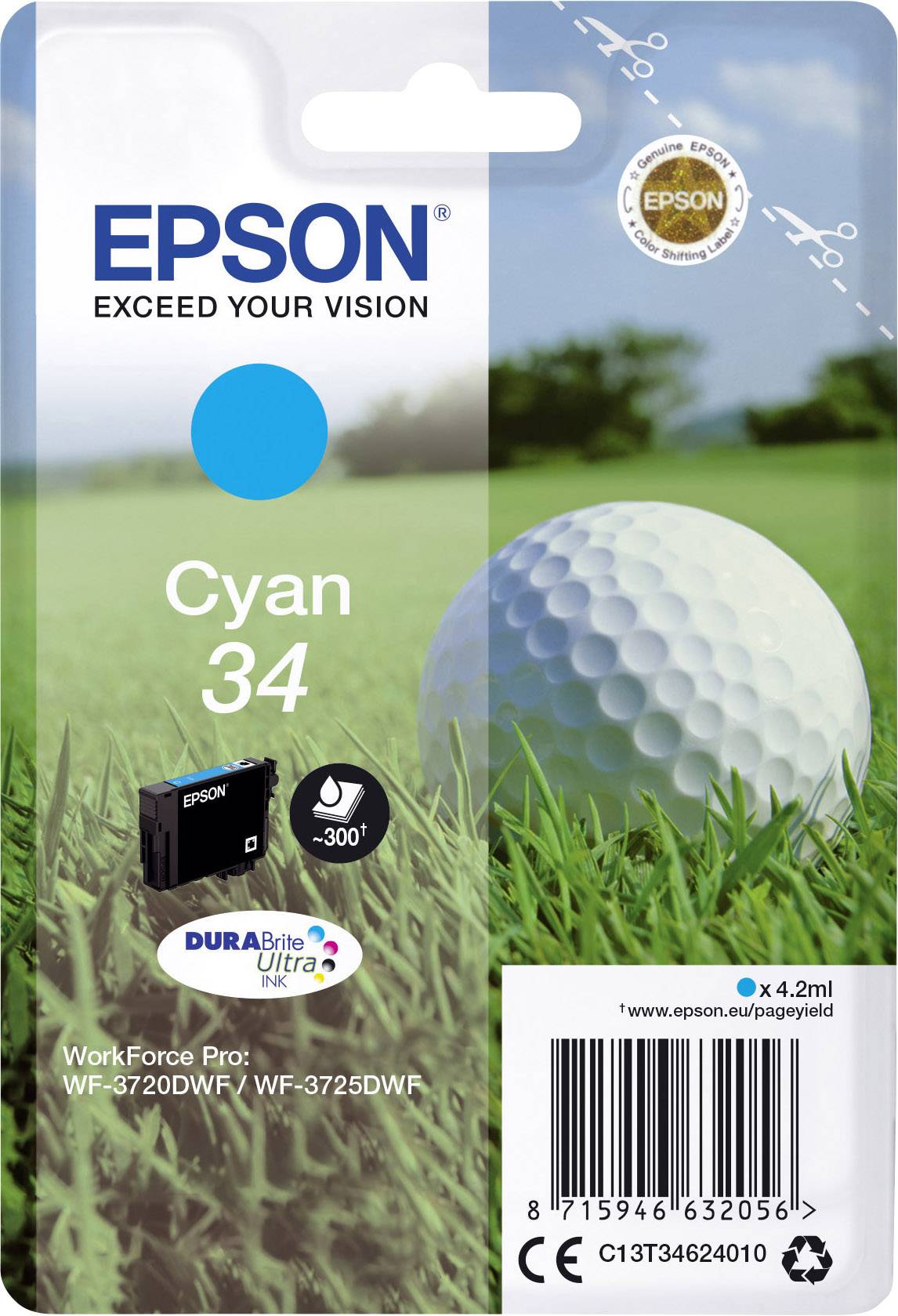 Verpackung eines Epson Tintenpatronen-Kartons 'Cyan 34' mit Bild eines weißen Golfballs auf grünem Gras und Druckerkompatibilitätsangaben.