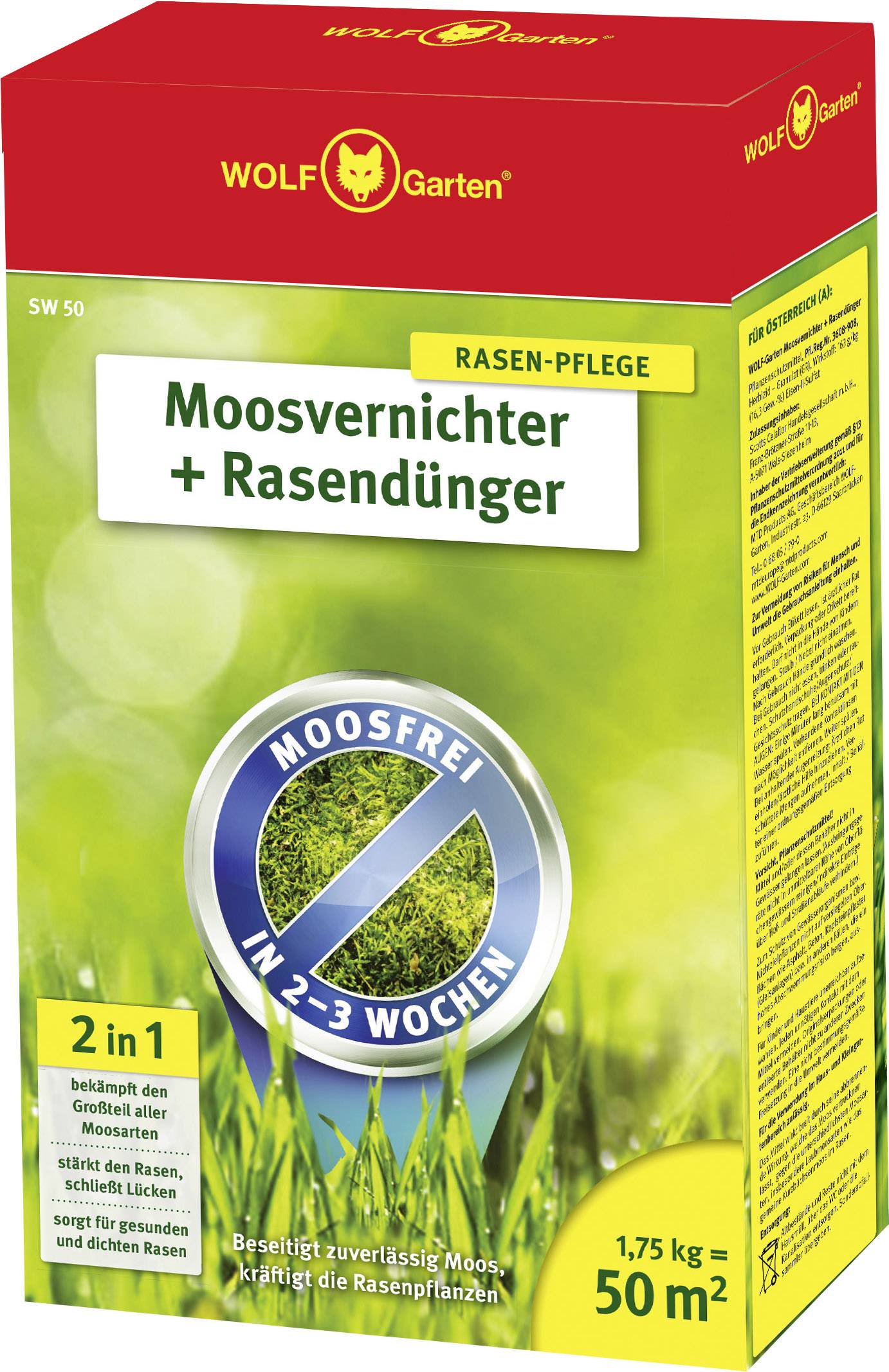 Verpackung eines Moosvernichters und Rasendüngers von WOLF-Garten. Aufschrift betont 'Moosfrei in 2-3 Wochen' für 50 m².