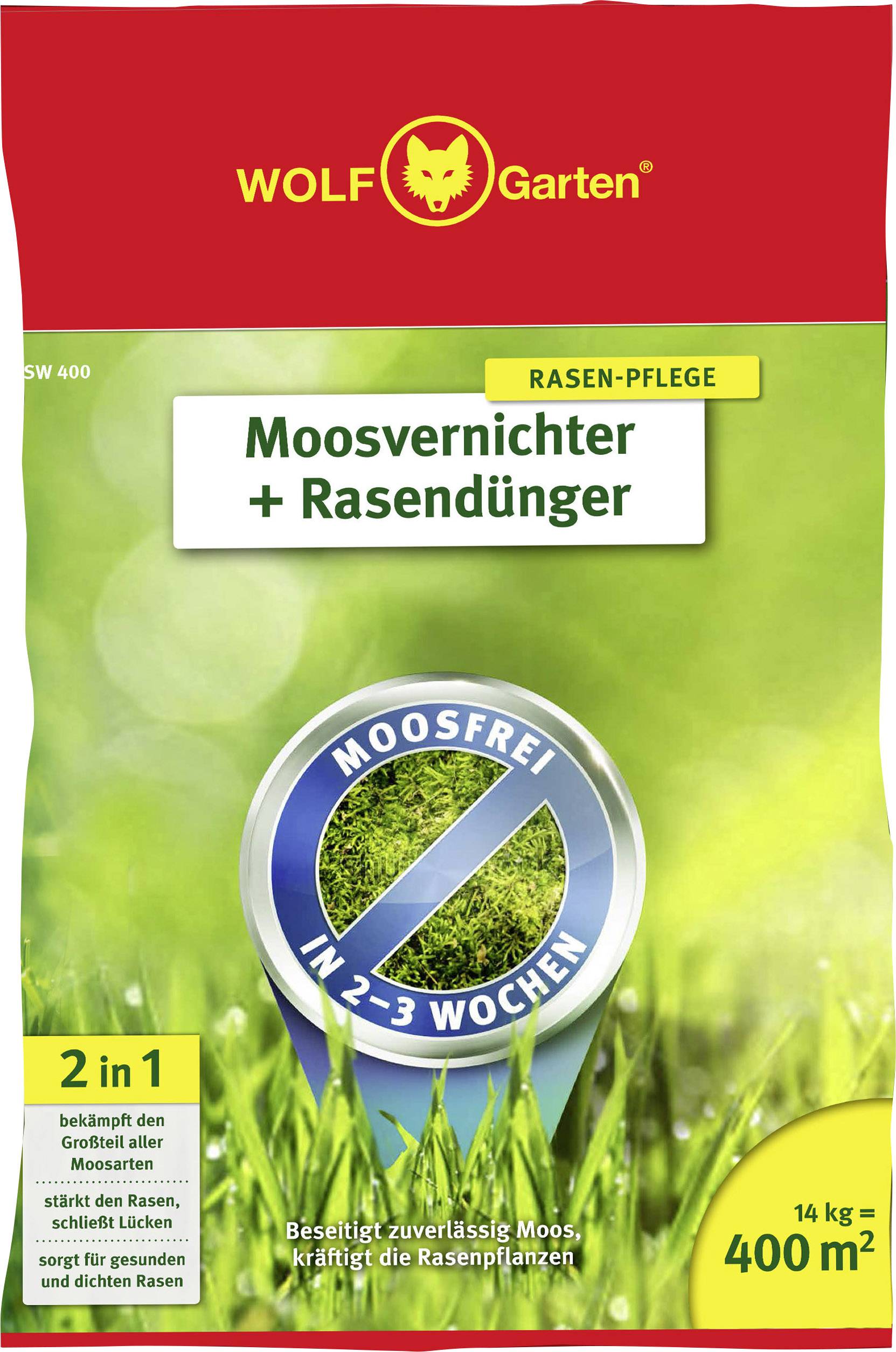 Rasendünger und Moosvernichter von WOLF-Garten, 2 in 1 Produkt für 400 m², wirkt gegen Moos in 2–3 Wochen, stärkt Rasennarbe.