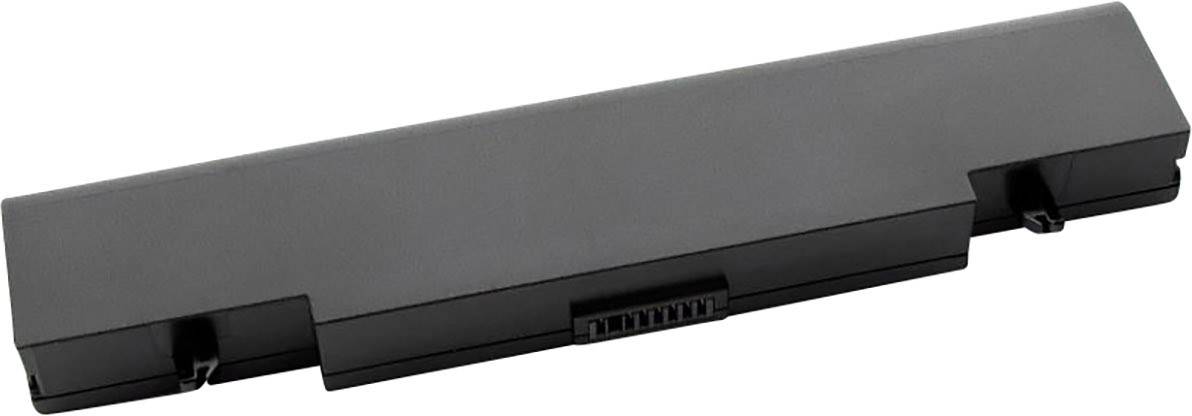 Schwarzer Laptop-Akku mit rechteckiger Form und zwei Steckverbindern an den Enden, geeignet für die Stromversorgung eines Laptops.