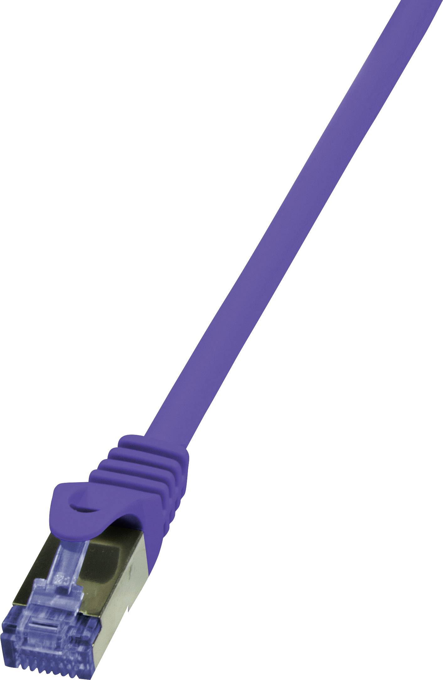 Ein lila Ethernet-Kabel mit einem RJ45-Stecker, verwendet zur Datenübertragung in Netzwerken.