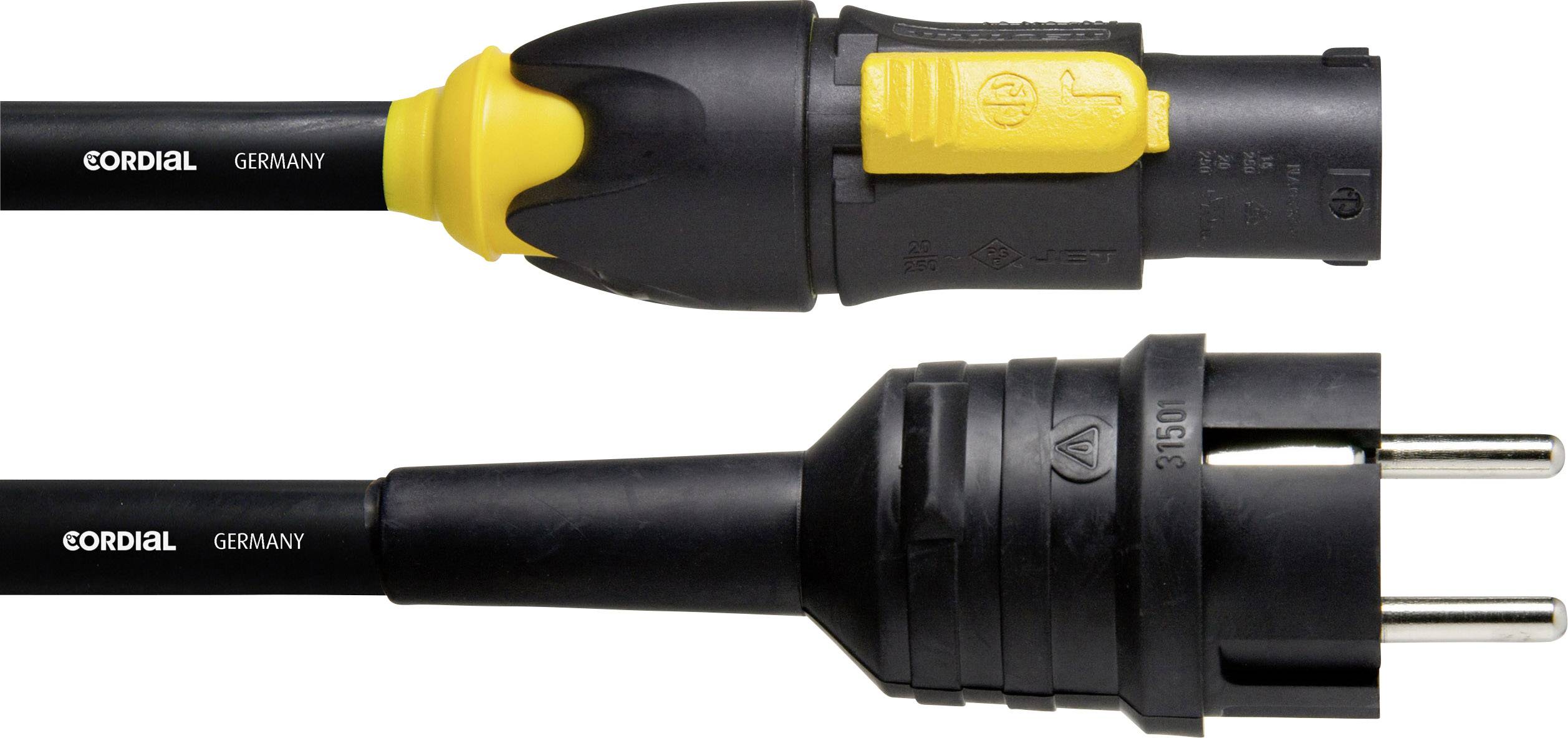Zwei schwarze Elektrokabel mit gelben Akzenten; der obere stecker ist ein XLR-Stecker, der untere ein Schutzkontaktstecker.