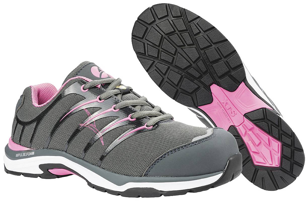 Graue Sportschuhe mit rosa Akzenten. Vorderansicht zeigt Schnürsenkel und seitliche Details. Sohle mit rutschfestem Profil.
