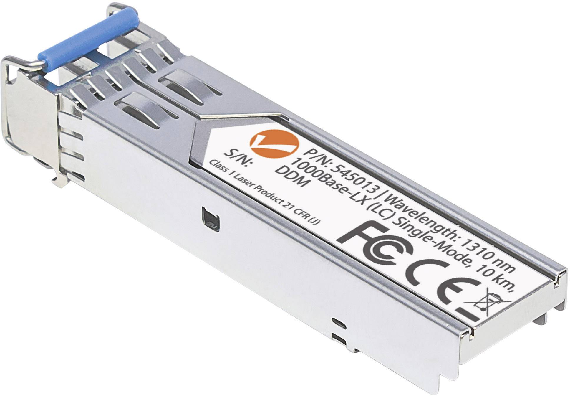 Ein silberner SFP-Transceiver mit blauer Lasche, auf dem technische Details wie Wellenlänge 1310 nm und Reichweite 10 km aufgedruckt sind.
