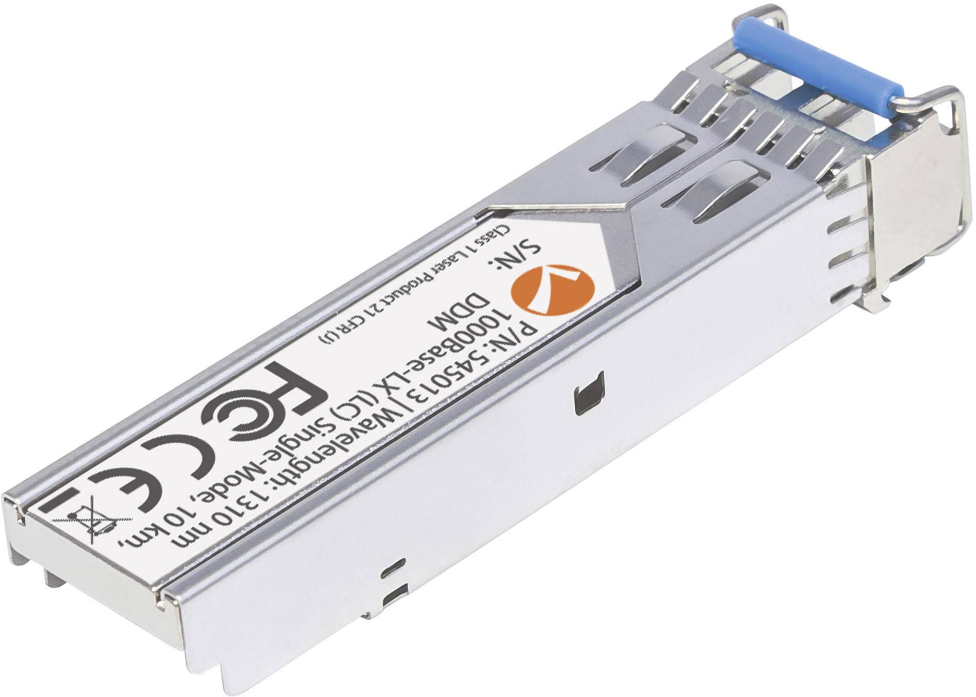 Ein SFP-Modul für Glasfaserverbindungen, geeignet für 10 km Übertragungen bei 1310 nm Wellenlänge. Zertifiziert nach CE- und FCC-Standards.