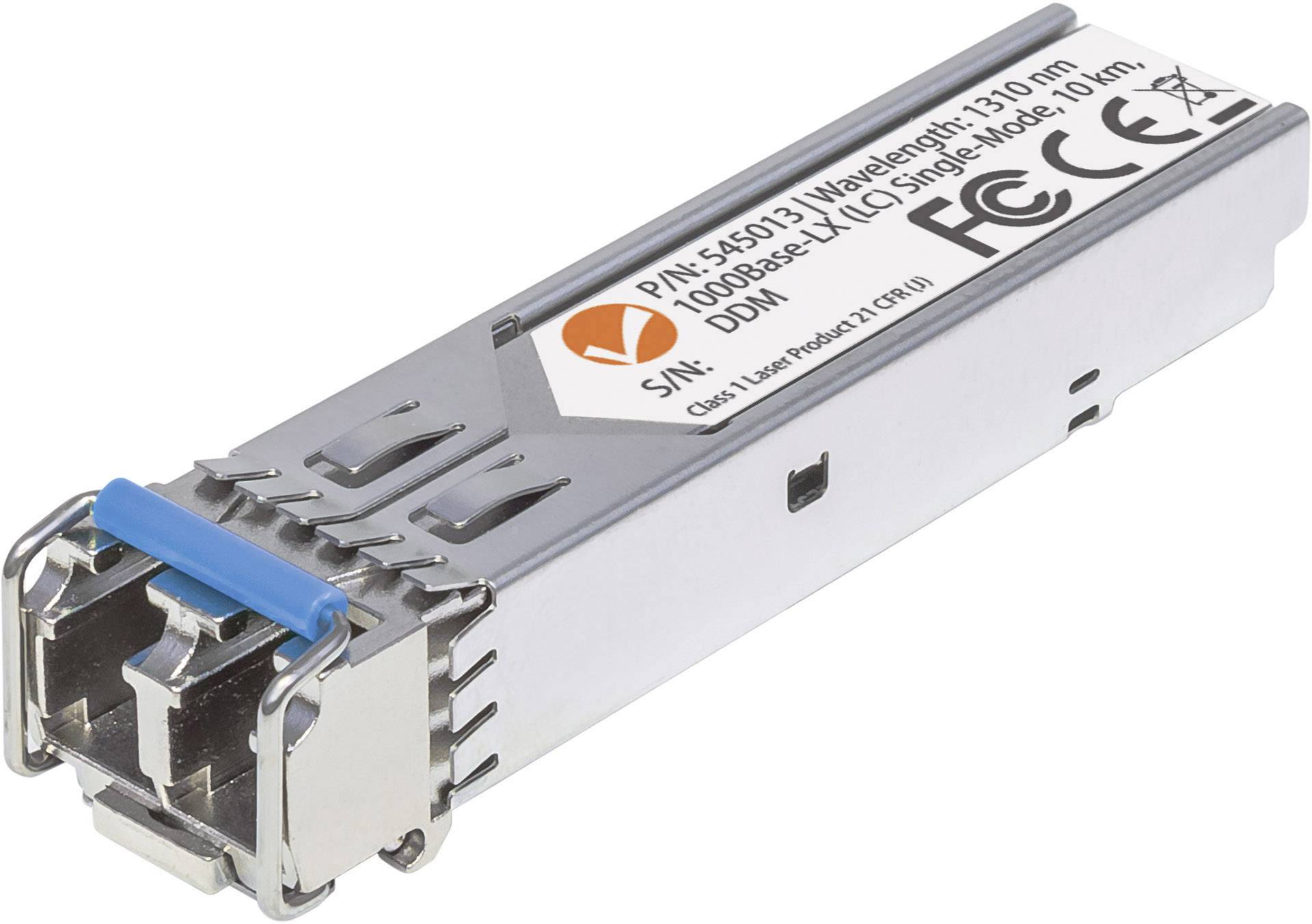 Ein optisches SFP-Modul zur Datenübertragung, mit LC-Anschluss und Aufdruck 'Wavelength: 1310 nm, 1000Base-LX'.