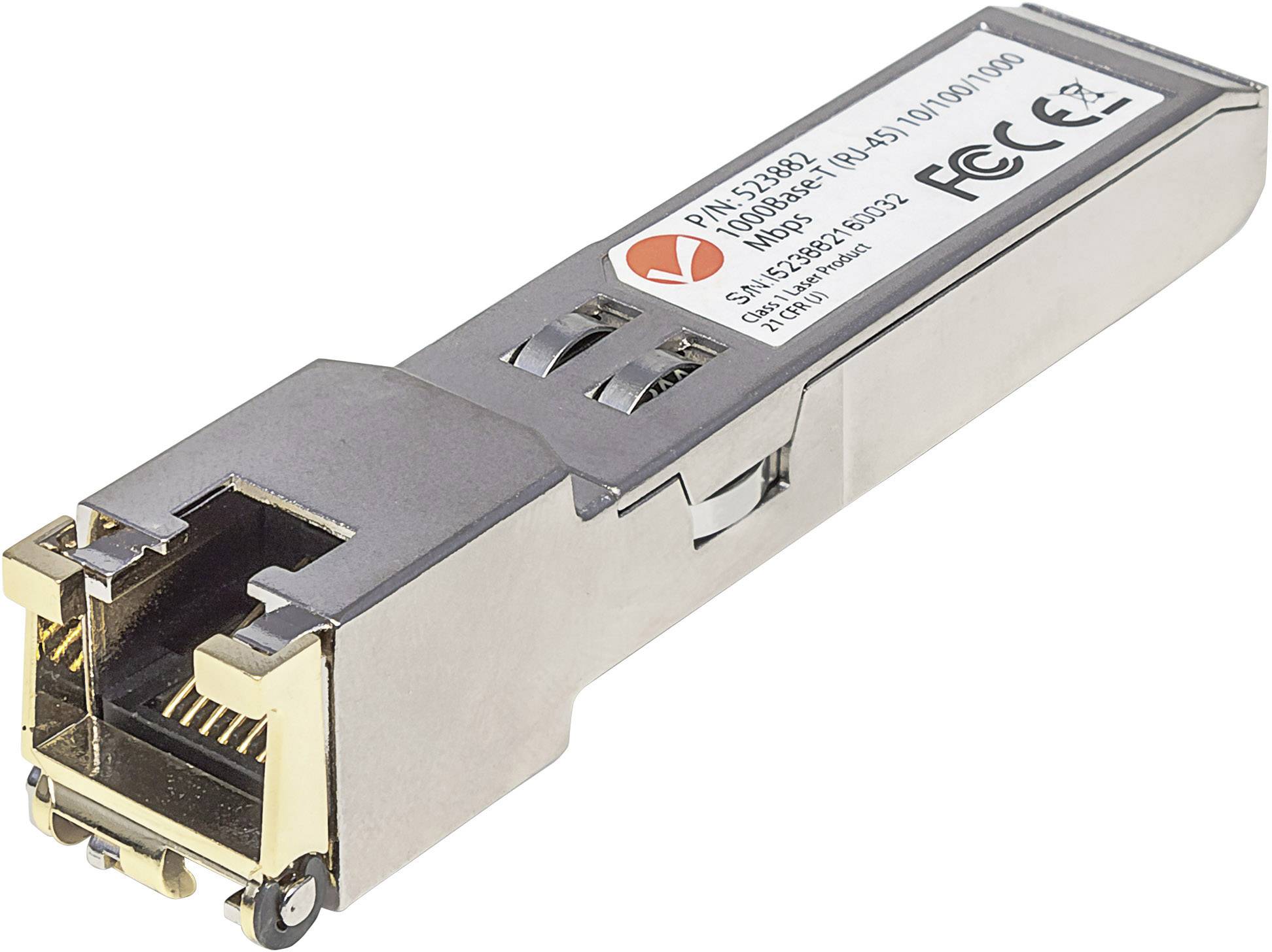 Ein SFP-Modul mit Metallgehäuse und Stecker. Es trägt Kennzeichnungen und Logos für Konformität wie FCC und CE.